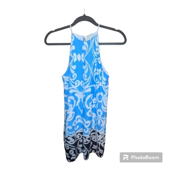 Shift Dress Summer Blues with White Swirl Sleeveless Halter - Picture 2 of 12